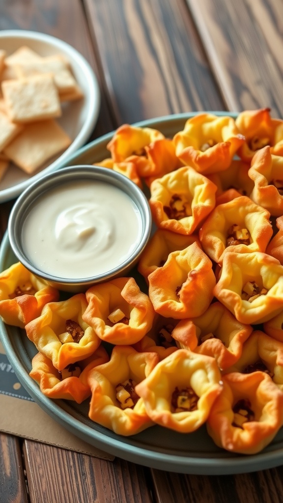 Savory appetizer bites on a platter with dipping sauce, showcasing flaky pastry and melted cheese.